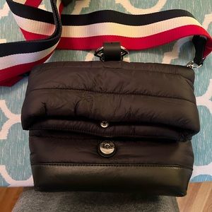 Moncler puffy black crossbody red white blue stripe strap